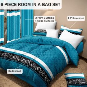 9 Piece in a Bag Thick Touch Bed Cover Curtain Set, Upgraded Luxury Bedspread Set, Bamboo microfiber All Season Bedding-Set For Home, RV Beding (Color: blue/black boho, size: KING)
